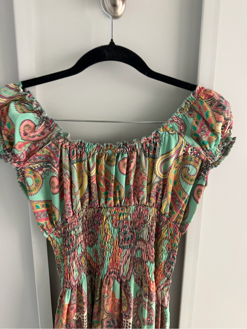 Anisa Spain Multi-Colored Green Orange Paisley Smocked Mini Dress - Size S/M - Picture 11 of 13